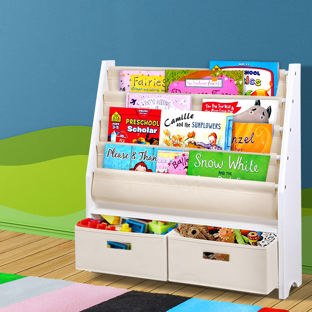 Keezi 4 Tiers Kids Bookshelf Plus Toy Storage - Milk