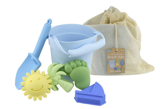 6PC SILICONE BEACH SAND PLAY BUCKET SET - BLUE