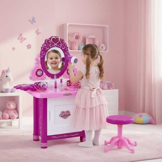 Pink toy vanity set with mirror, stool, and accessories on a white background