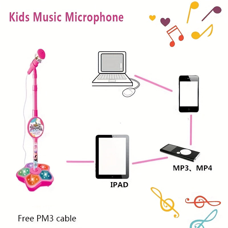 Children's music microphone with connectivity options to laptop, phone, tablet, and MP3 players on a white background.
