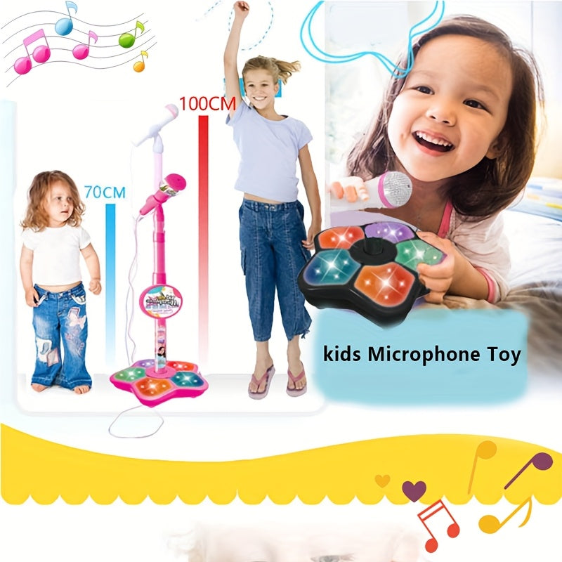 Children playing with a microphone and toy piano, with measurements and product names displayed.