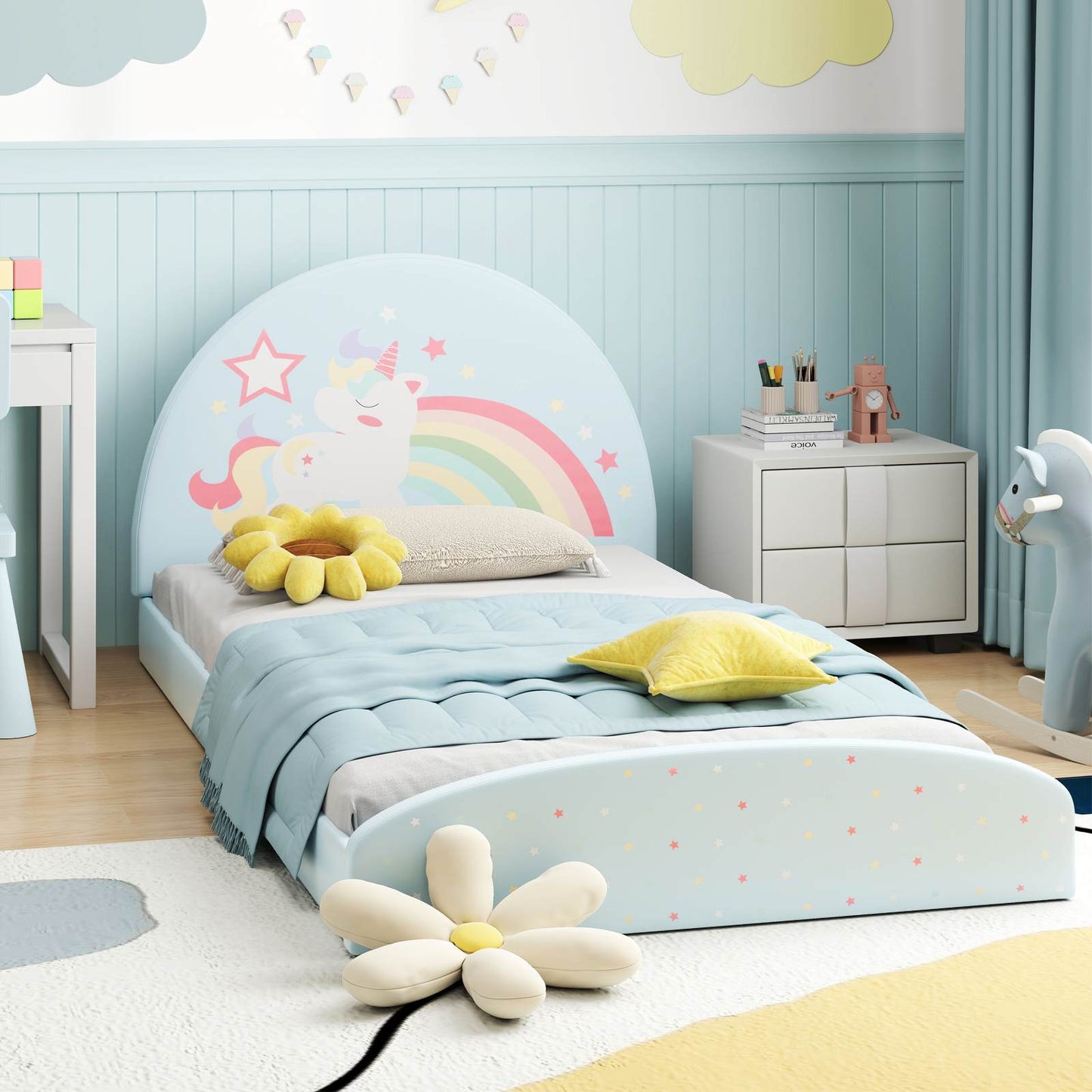 Single Floor Bed Frame with Bedhead For Kids